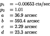 \begin{displaymath}\begin{array}[h]{cl}
p_1 & = -0.00653 \;\rm {cts/sec}\\
p_2 ...
...= 2.29 \;\rm {arcsec}\\
d & = 23.3 \;\rm {arcsec}
\end{array} \end{displaymath}