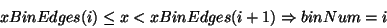 \begin{displaymath}
xBinEdges(i) \le x < xBinEdges(i+1) \Rightarrow binNum = i
\end{displaymath}